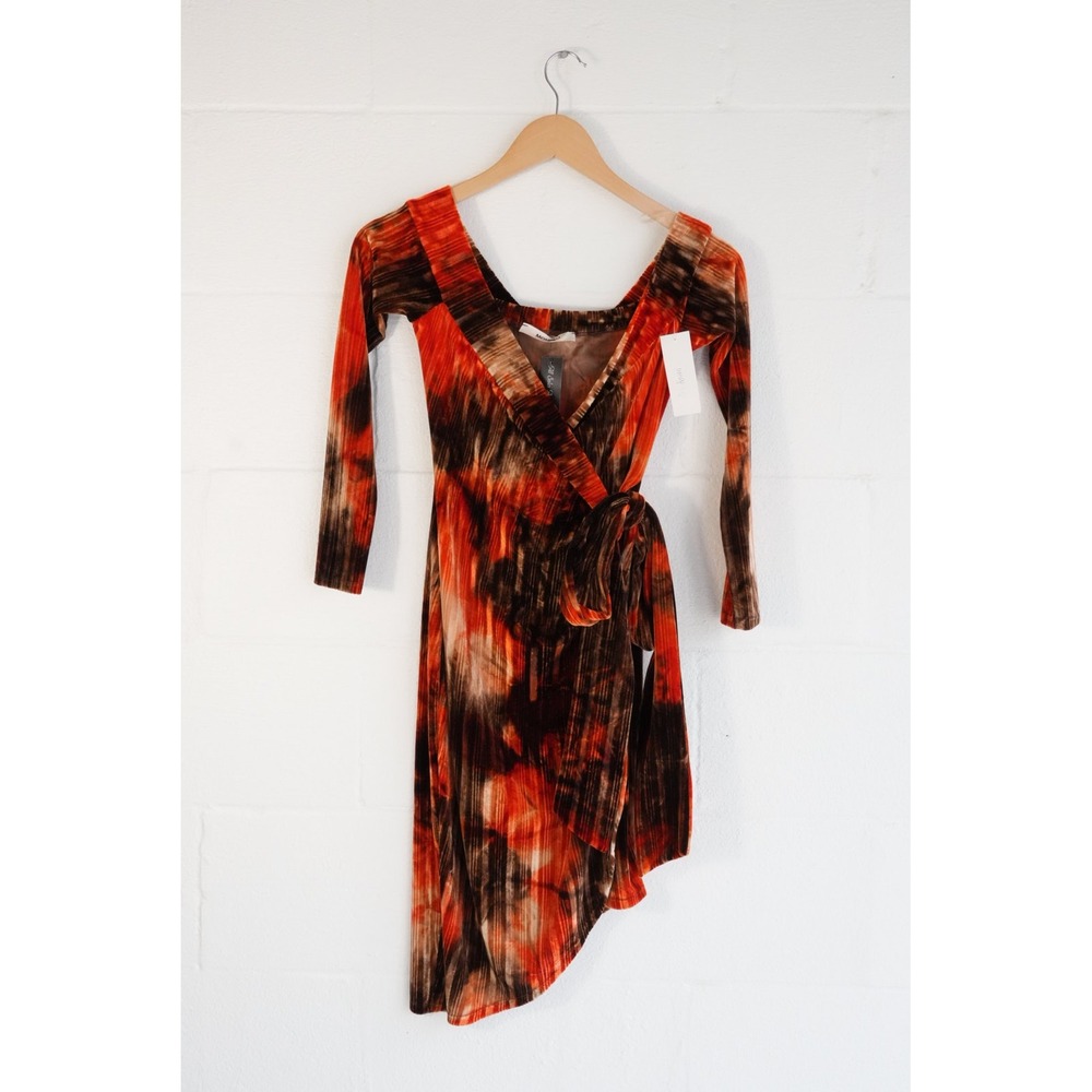 Monaco Velvet Wrap Dress Womens Small Orange Brown Off Shoulder‎ Long Sleeve